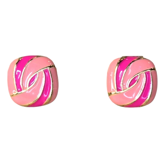 Jewelry - Two Tone Pink Enamel and Gold Plated Fashion Swirl Stud Earrings